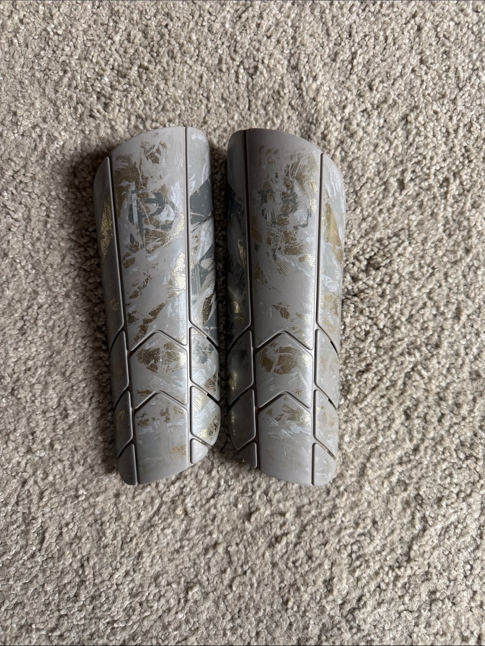 Gray and Gold Patterned Shin Guards